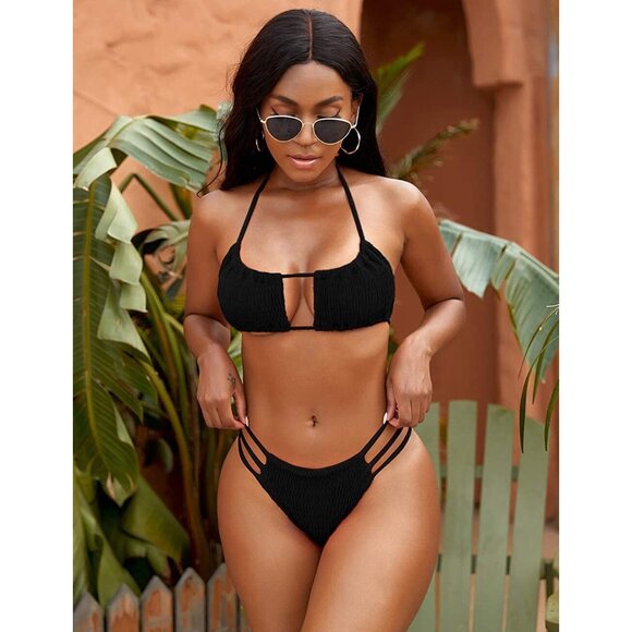 NAFLEAP Womens SMALL Black Smocked Bandeau Halter String Brazilian BIKINI NWT - Picture 4 of 5